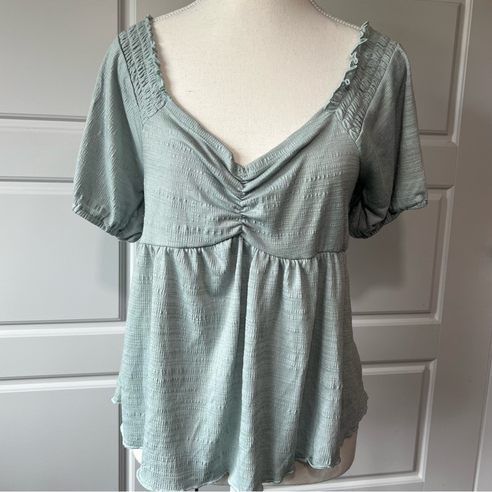 Eyeshadow Ruffled Neck Green Ruched V Neck Babydoll Blouse Puff Sleeve Shirt‎ LG